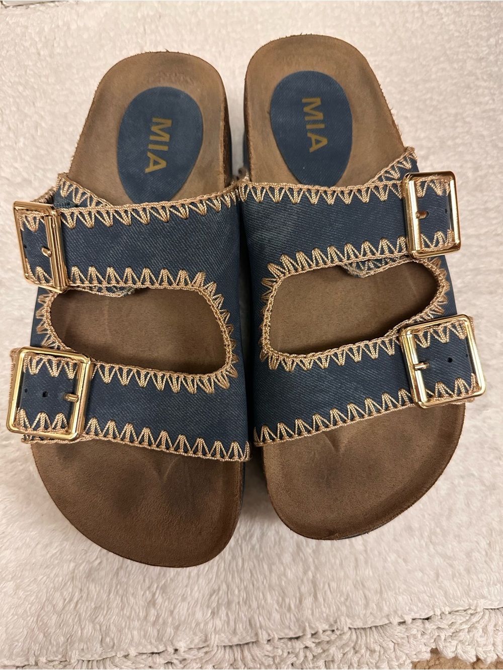 MIA Kids Denim Blue Double-Buckle Slide Sandals with Gold Buckles